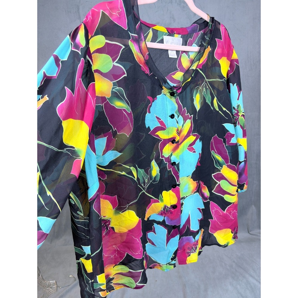 Soft Surroundings 3X Black Semi Sheer Tropical 3/4 Sleeve 100% Silk Blouse - Picture 2 of 15
